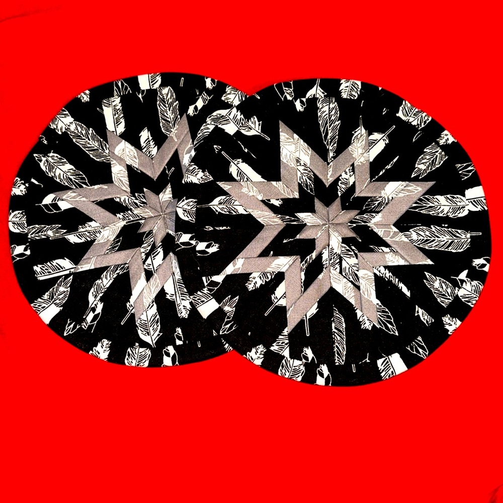 LOT OF 2 HANDMADE 8” ROUND HOT PADS TRIVETS POTHOLDERS AMISH STAR BLACK FEATHERS